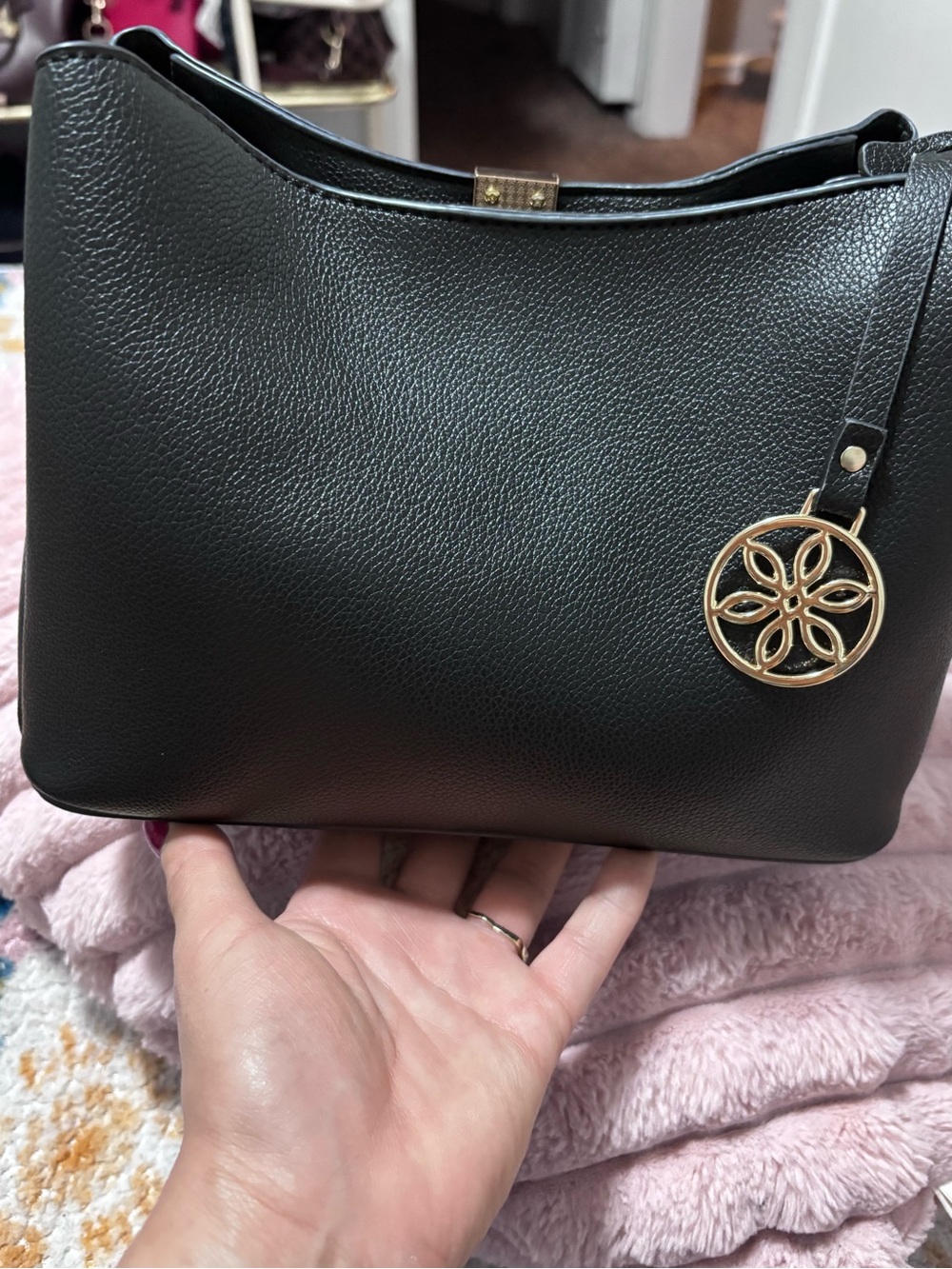 T.J.Maxx Black Shoulder Bag with Gold Medallion